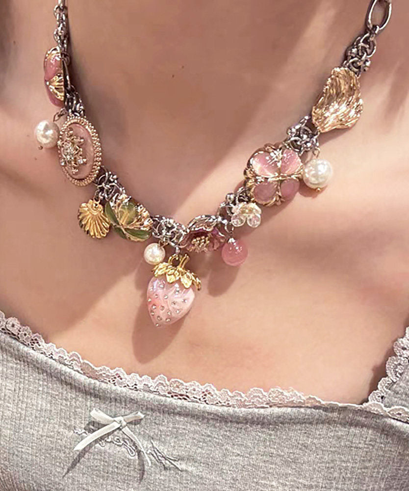 Beautiful Rainbow Stainless Steel Strawberry Sea Of Flowers Pendant Necklace