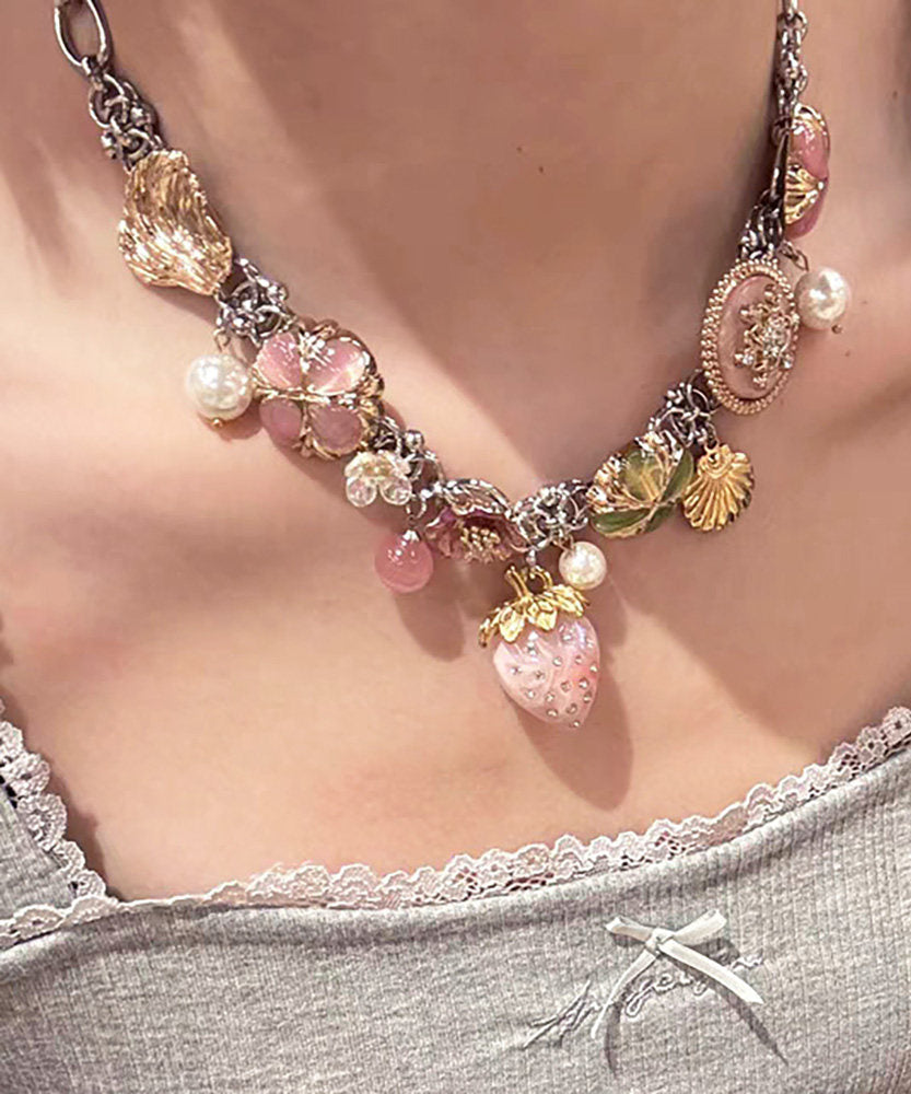 Beautiful Rainbow Stainless Steel Strawberry Sea Of Flowers Pendant Necklace