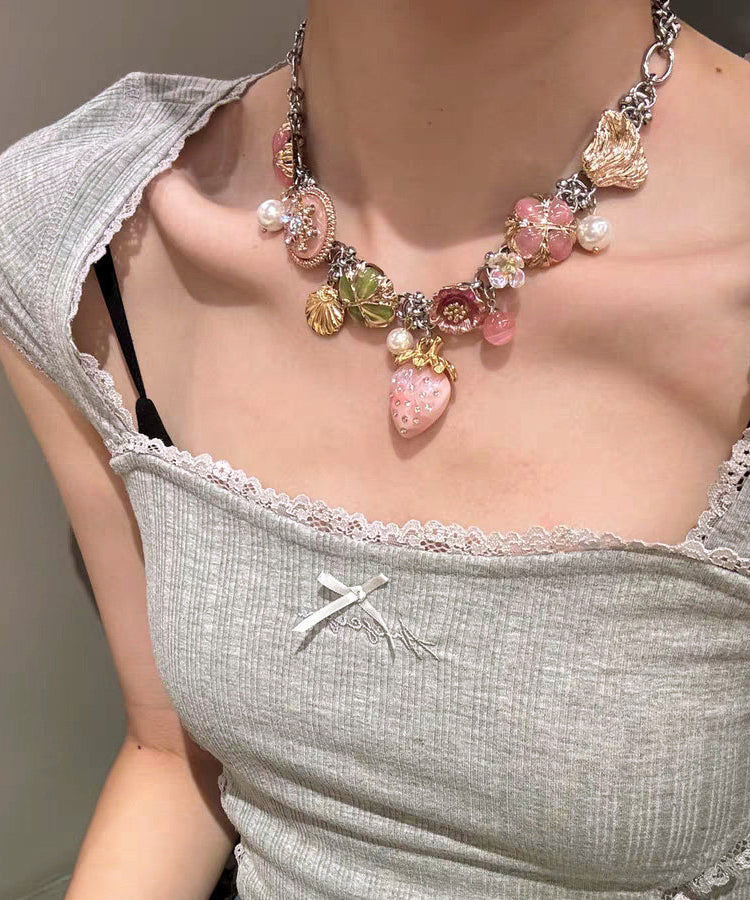 Beautiful Rainbow Stainless Steel Strawberry Sea Of Flowers Pendant Necklace