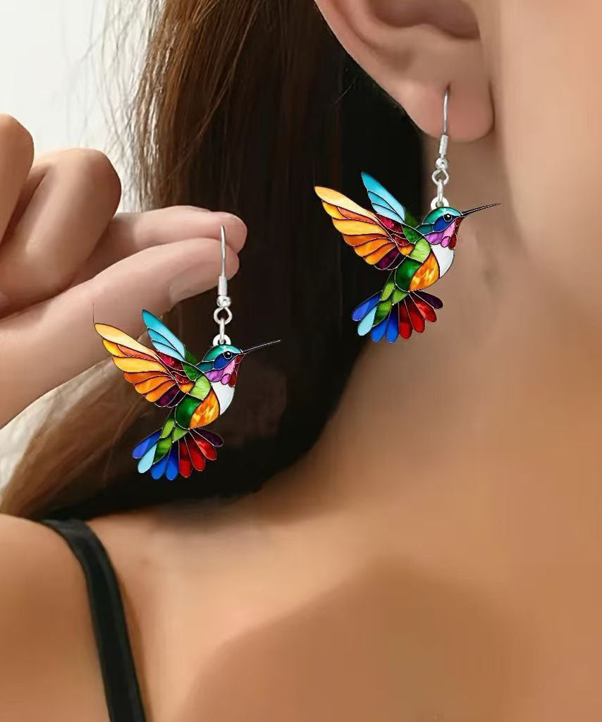 Beautiful Rainbow Sterling Silver Acrylic Bird Drop Earrings