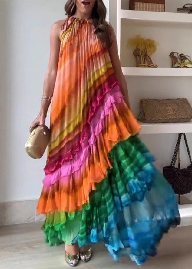 Beautiful Rainbow Wrinkled Lace Up Cotton Maxi Dresses Sleeveless
