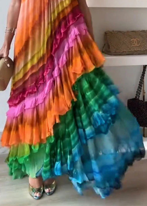 Beautiful Rainbow Wrinkled Lace Up Cotton Maxi Dresses Sleeveless