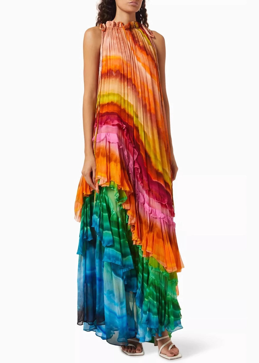 Beautiful Rainbow Wrinkled Lace Up Cotton Maxi Dresses Sleeveless