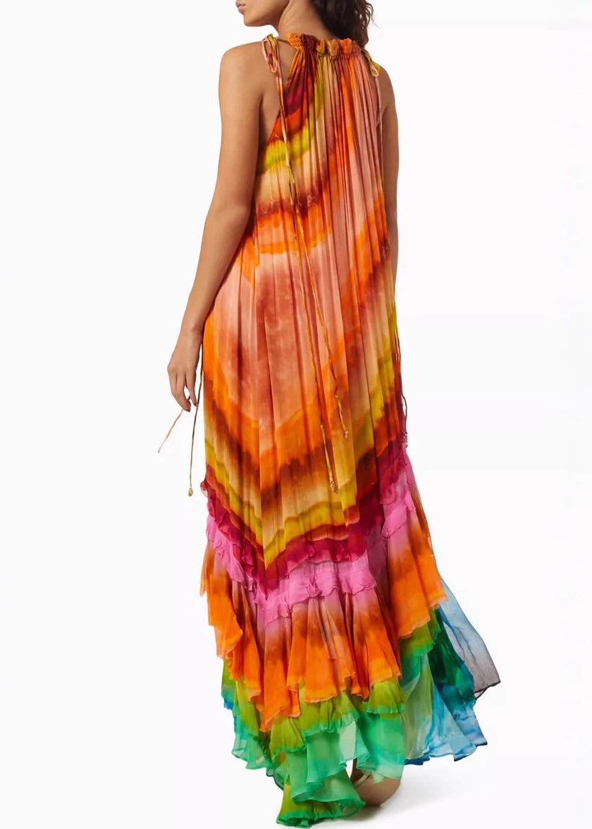 Beautiful Rainbow Wrinkled Lace Up Cotton Maxi Dresses Sleeveless