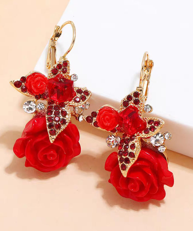 Beautiful Red Acrylic Alloy Zircon Butterfly Floral Drop Earrings
