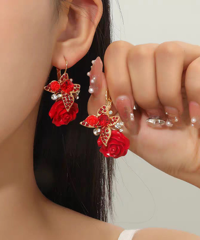 Beautiful Red Acrylic Alloy Zircon Butterfly Floral Drop Earrings