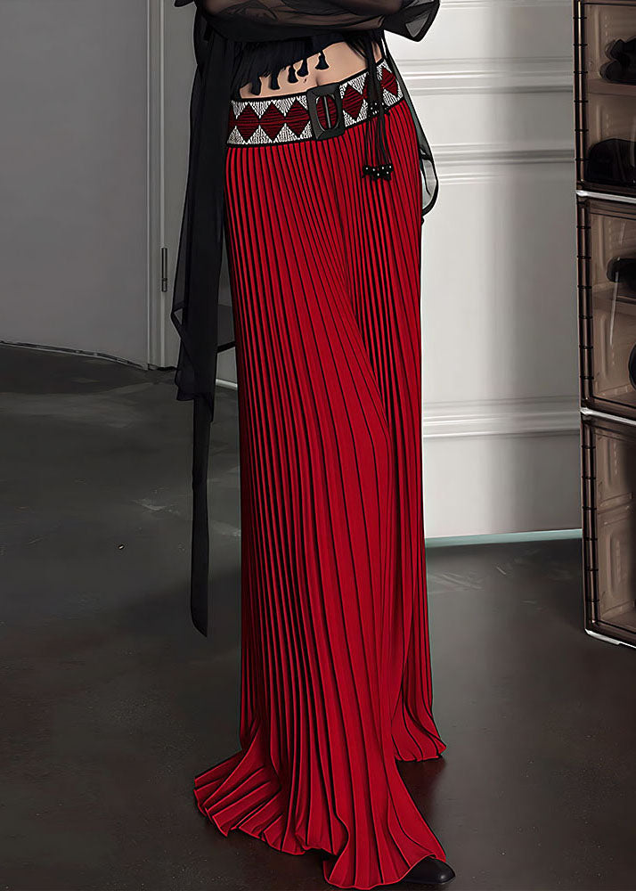 Beautiful Red Elastic Waist Draping Silk Pleated Skirt Spring