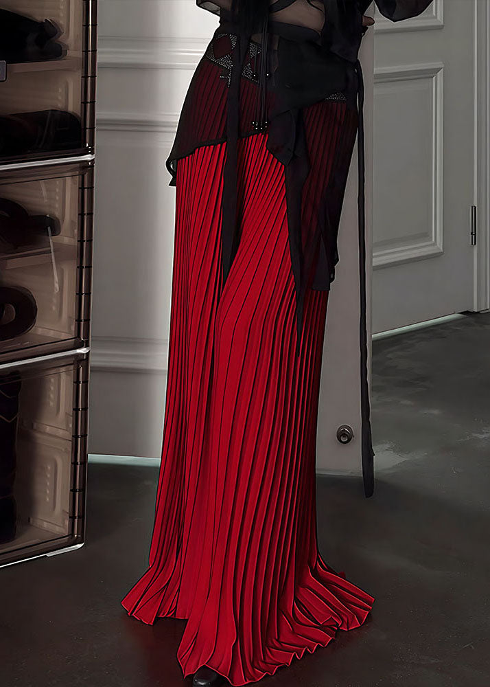 Beautiful Red Elastic Waist Draping Silk Pleated Skirt Spring
