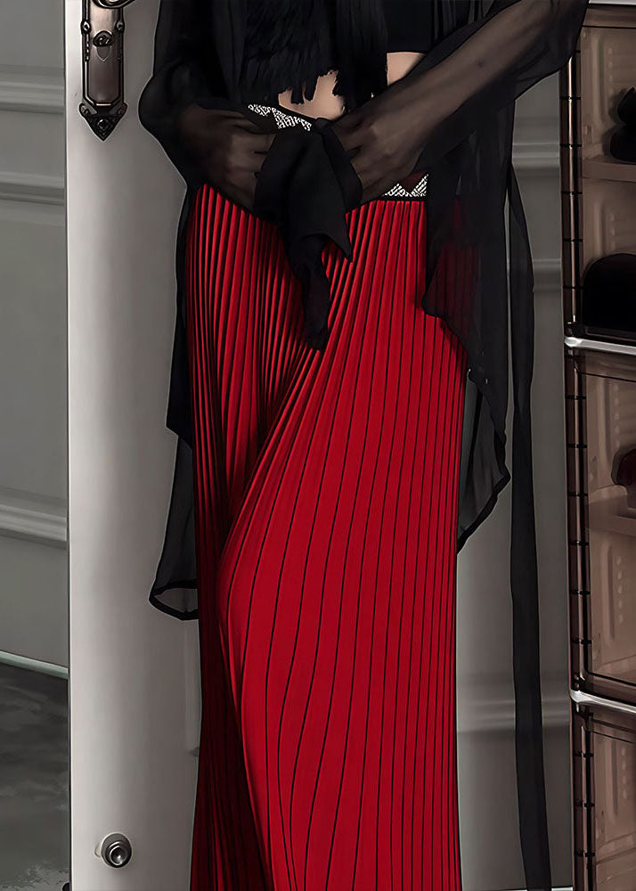 Beautiful Red Elastic Waist Draping Silk Pleated Skirt Spring