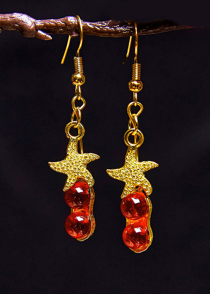 Beautiful Red Gem Stone Starfish 14K Gold Drop Earrings - Omychic