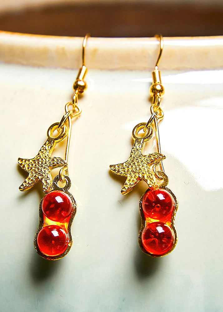 Beautiful Red Gem Stone Starfish 14K Gold Drop Earrings - Omychic