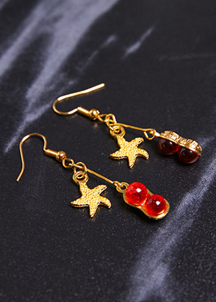 Beautiful Red Gem Stone Starfish 14K Gold Drop Earrings - Omychic