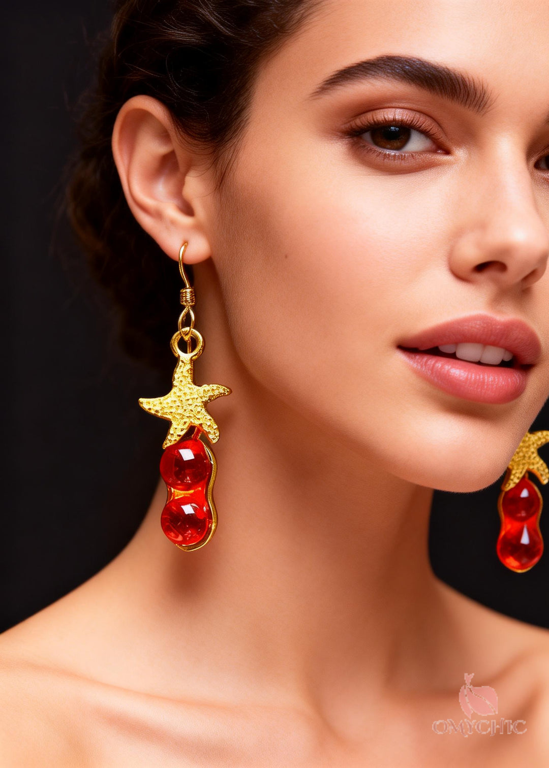 Beautiful Red Gem Stone Starfish Design Drop Earrings