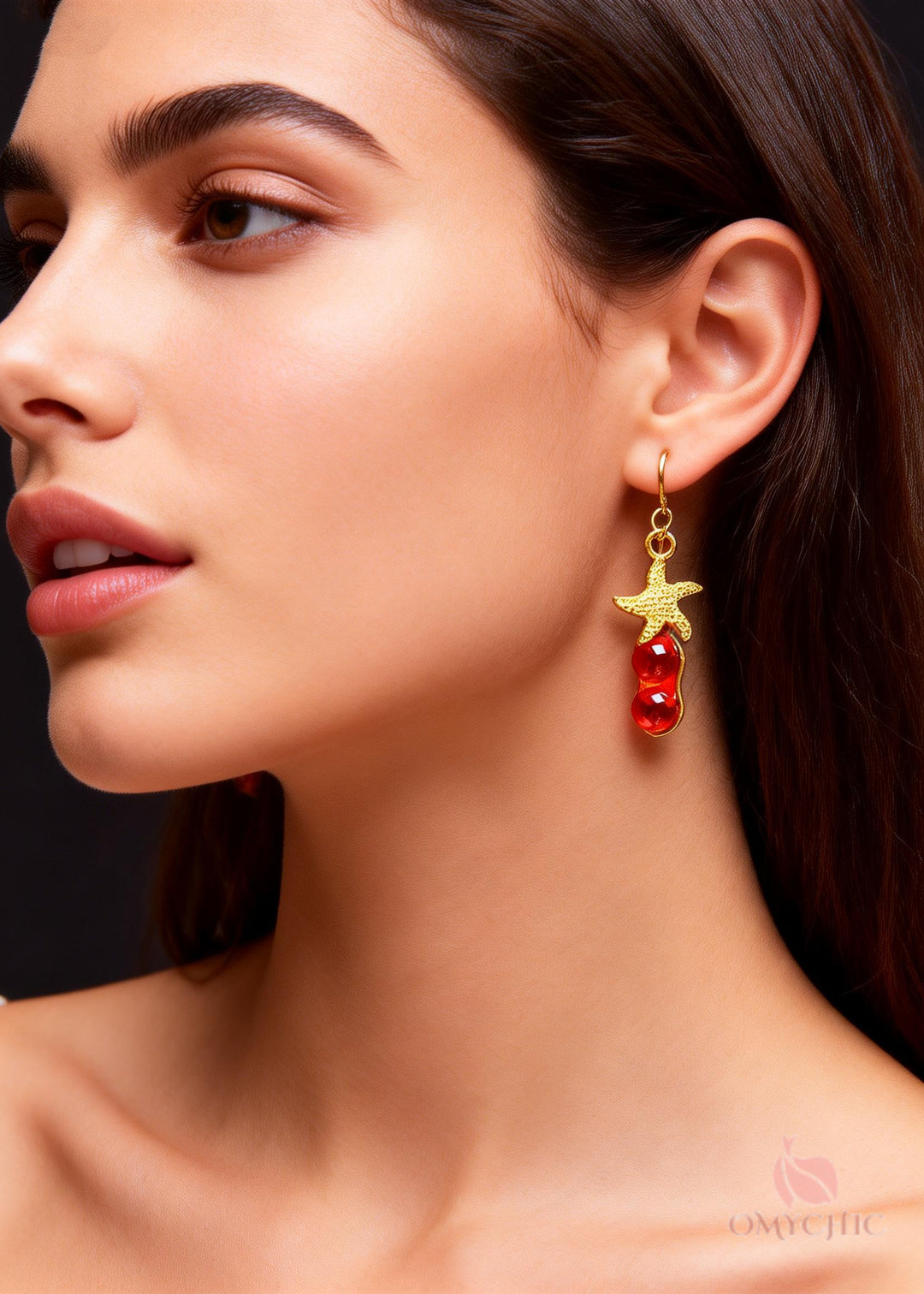 Beautiful Red Gem Stone Starfish Design Drop Earrings