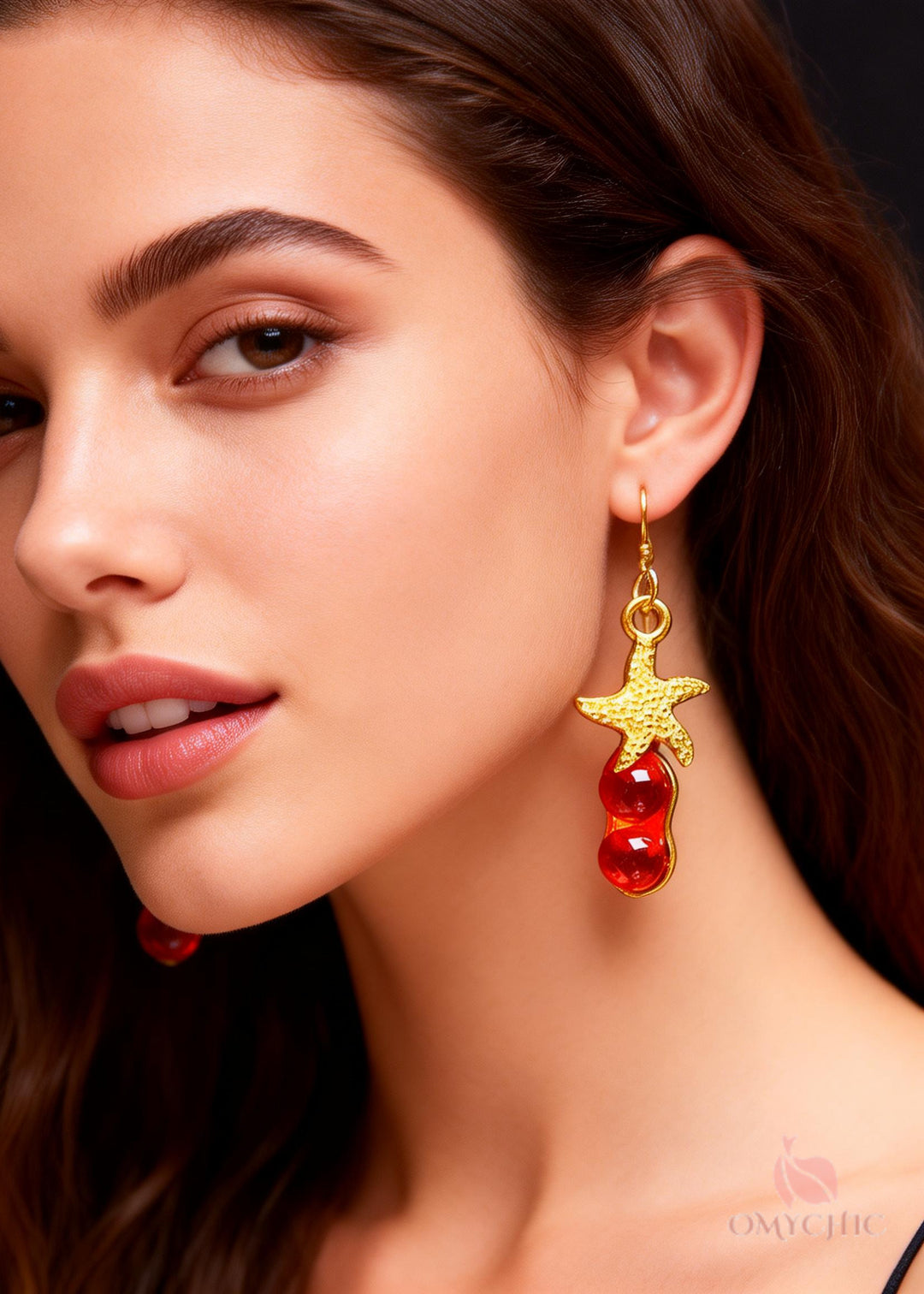 Beautiful Red Gem Stone Starfish Design Drop Earrings