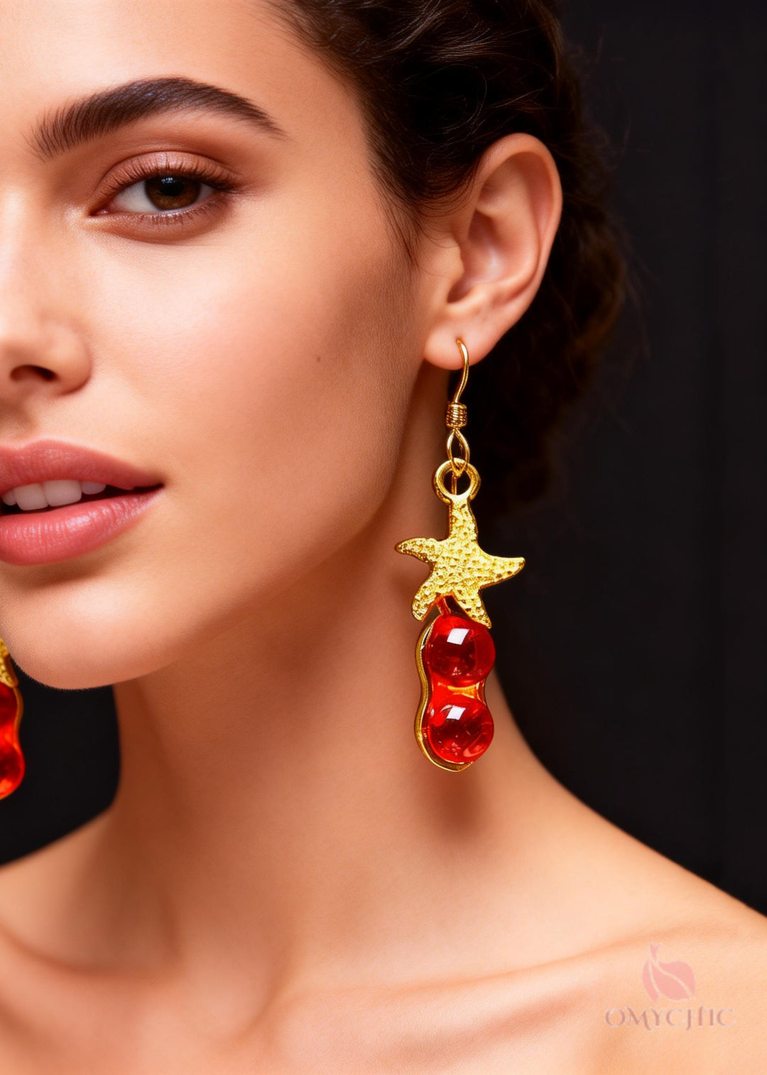 Beautiful Red Gem Stone Starfish Design Drop Earrings
