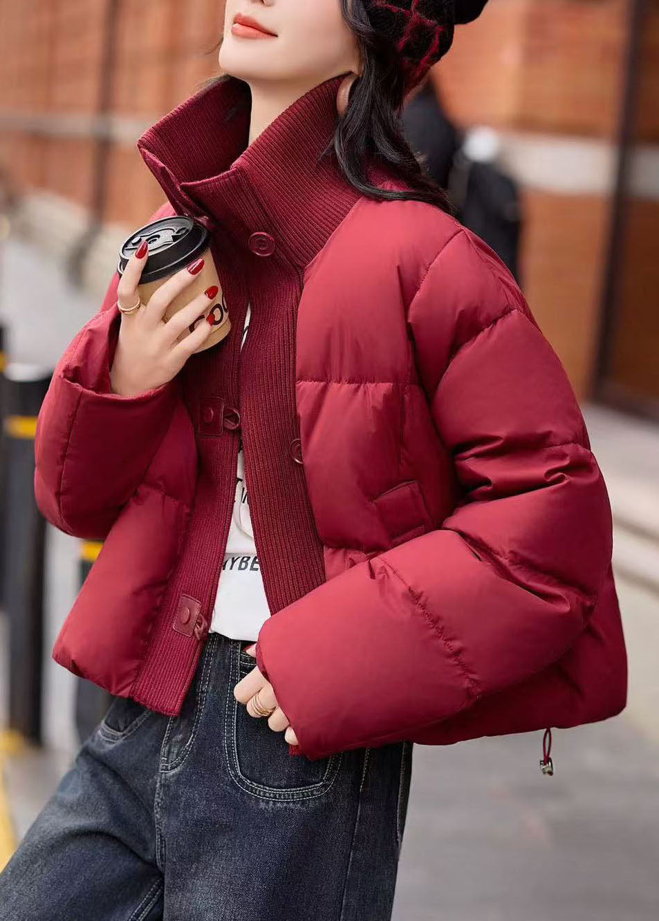 Beautiful Red High Neck Patchwork Drawstring Fine Cotton Filled Puffer Jacket Winter