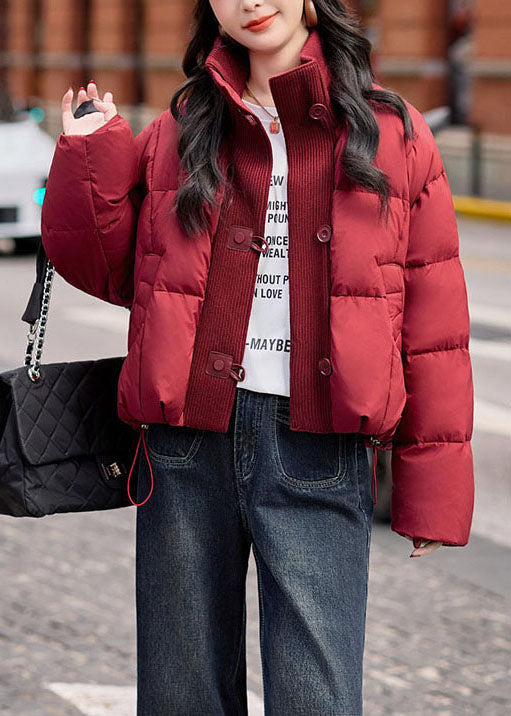 Beautiful Red High Neck Patchwork Drawstring Fine Cotton Filled Puffer Jacket Winter