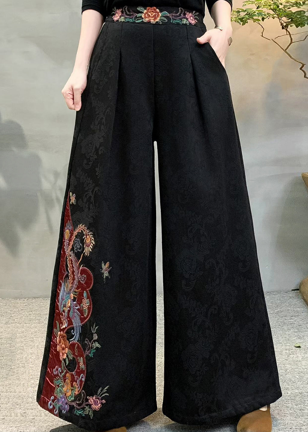 Beautiful Red Jacquard Pockets Warm Fleece Pants Winter