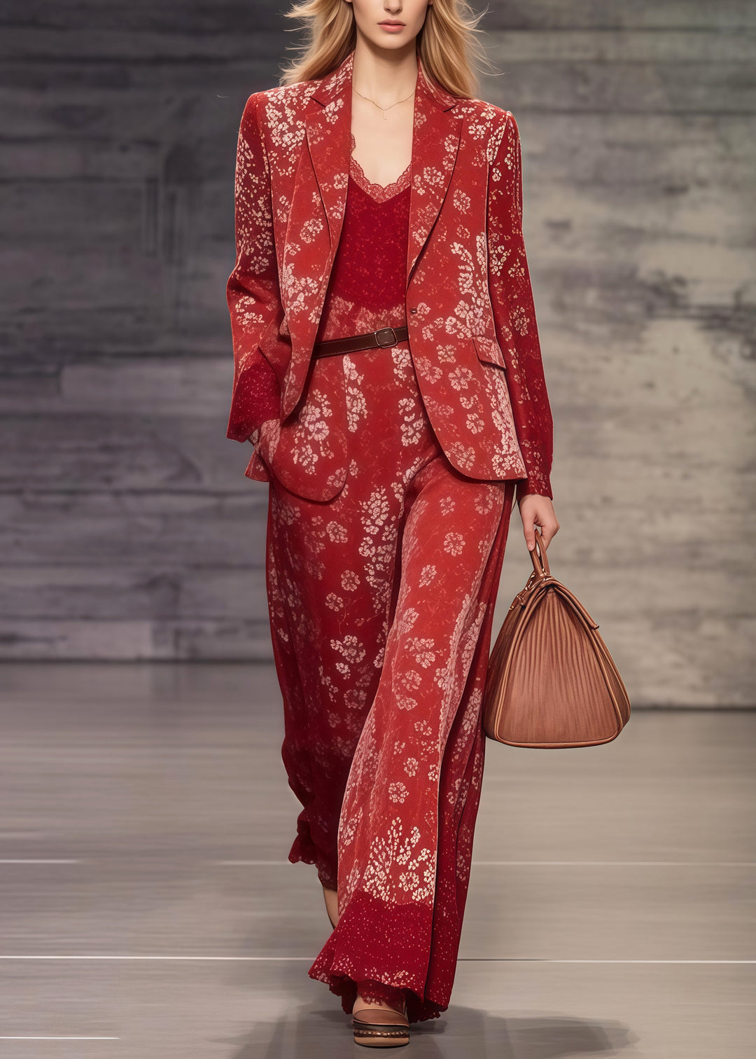 Beautiful Red Notched Print Spandex Coats And Jumpsuits Two Pieces Set Spring
