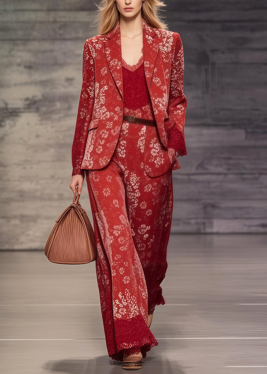 Beautiful Red Notched Print Spandex Coats And Jumpsuits Two Pieces Set Spring