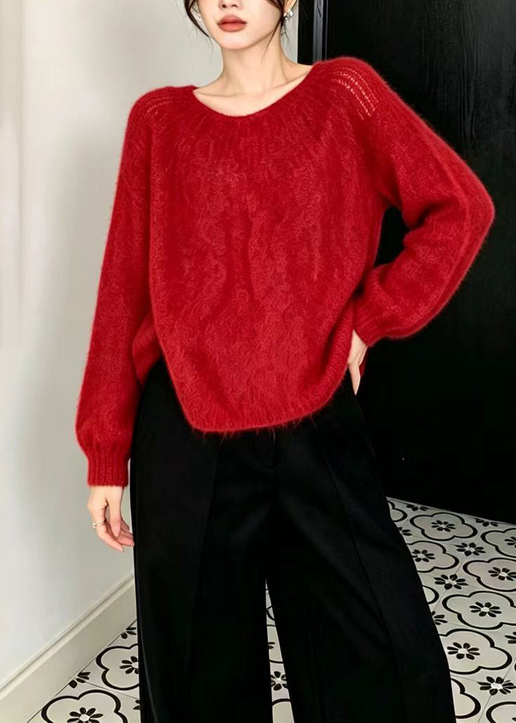 Beautiful Red O-Neck Crochet Knit Sweater Tops Lantern Sleeve