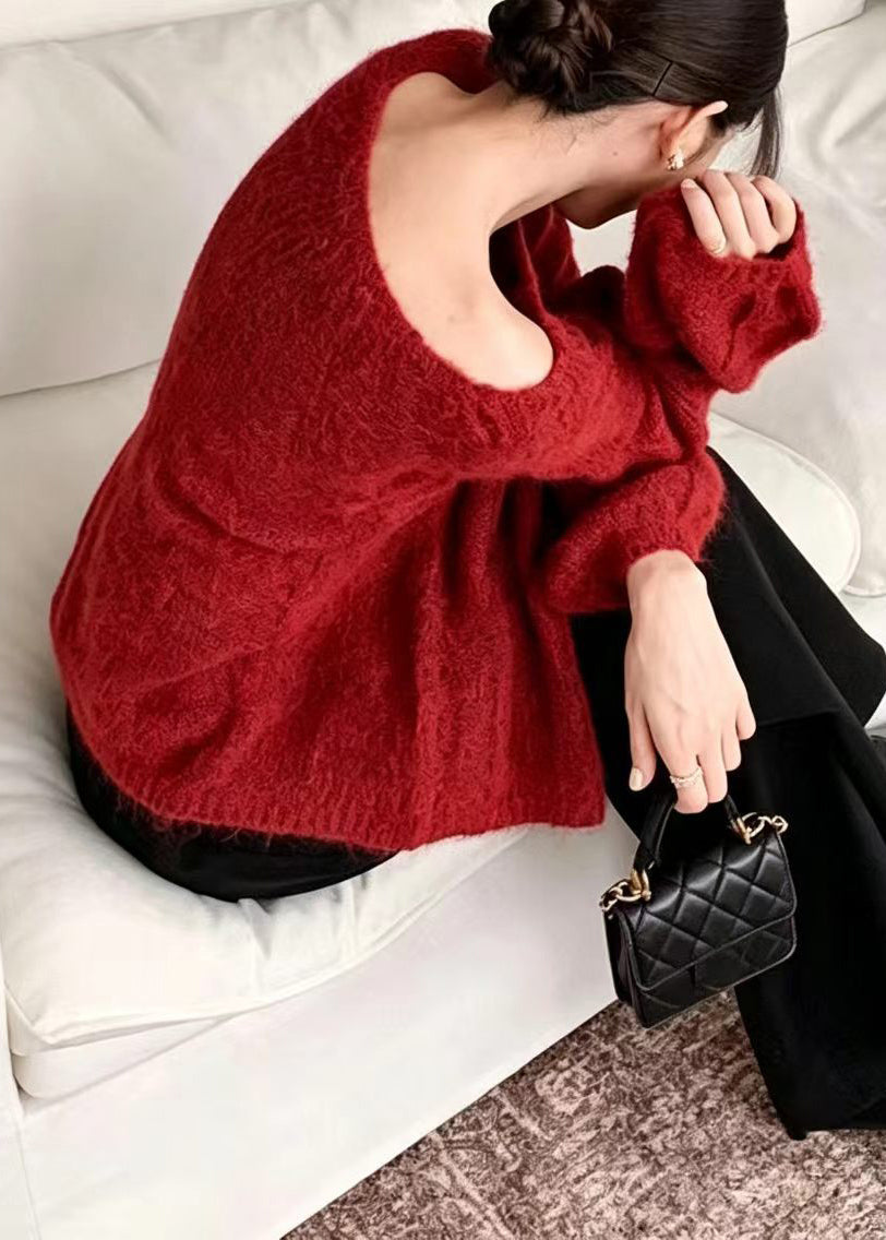 Beautiful Red O-Neck Crochet Knit Sweater Tops Lantern Sleeve