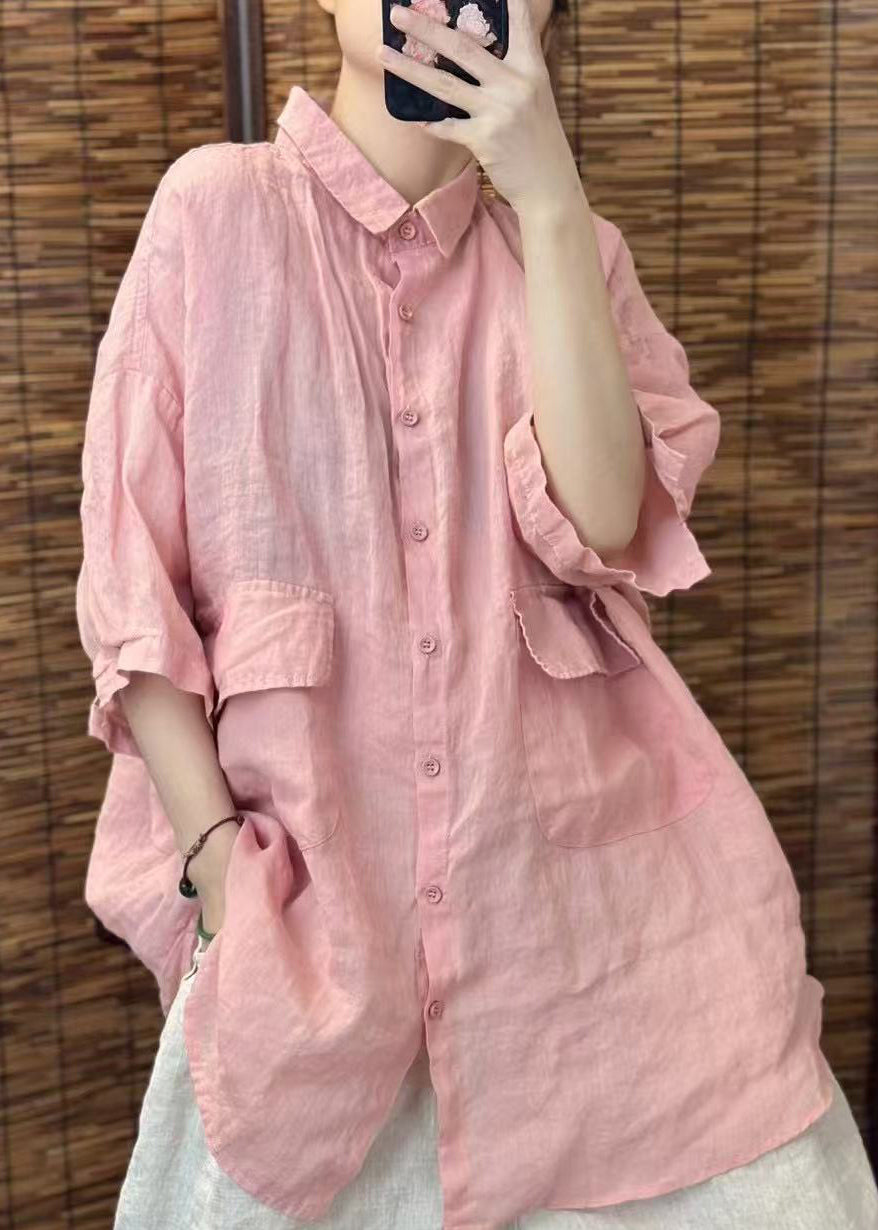 Beautiful Red Oversized Pockets Linen Blouses Summer