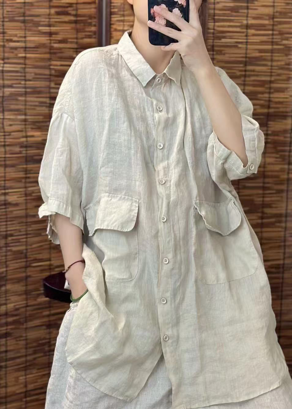 Beautiful Red Oversized Pockets Linen Blouses Summer