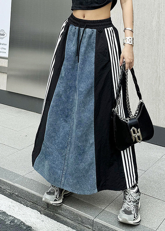 Beautiful Red Pockets Striped Patchwork Denim Skirts Summer