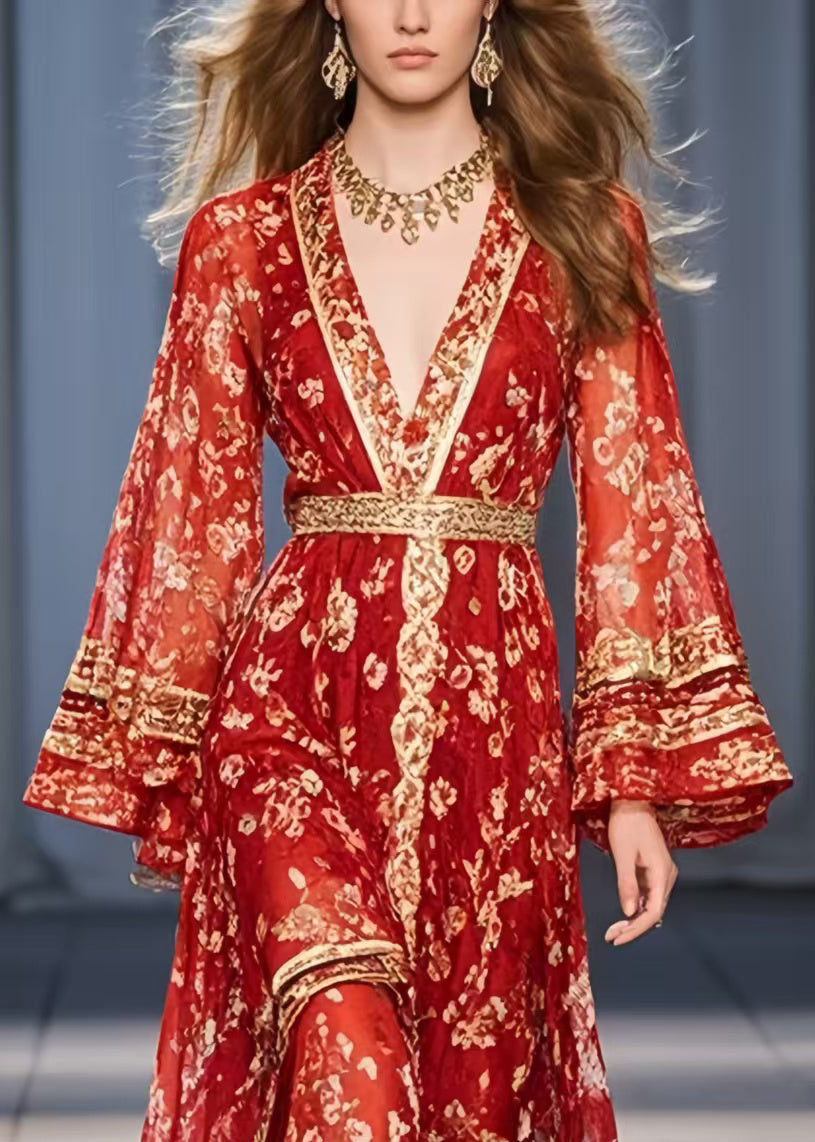Beautiful Red Print Chiffon Tunic Dress Flare Sleeve