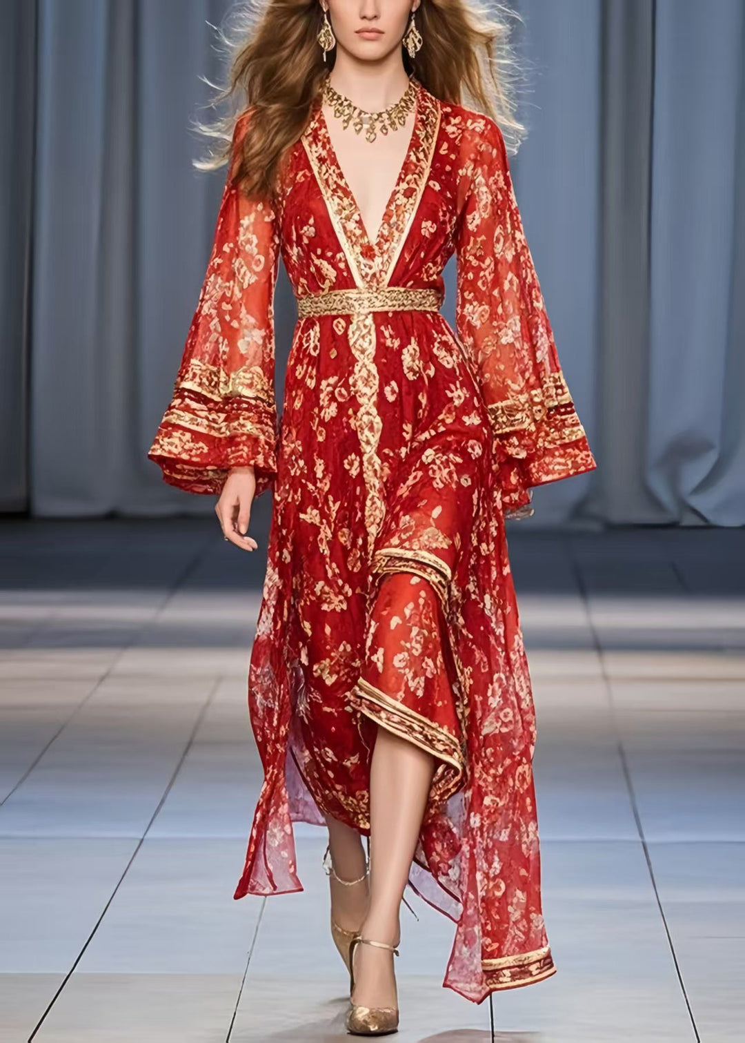 Beautiful Red Print Chiffon Tunic Dress Flare Sleeve