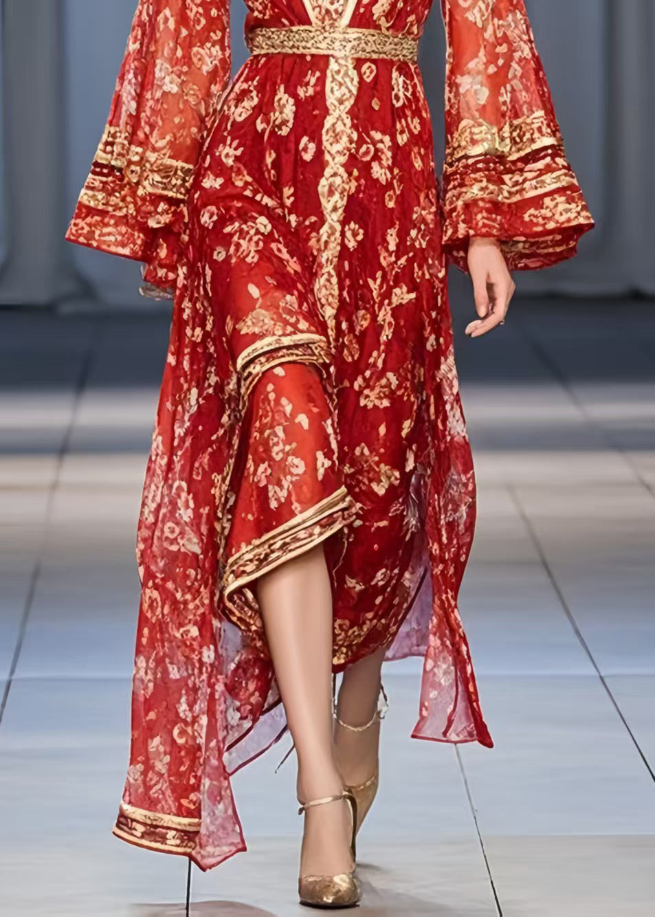 Beautiful Red Print Chiffon Tunic Dress Flare Sleeve