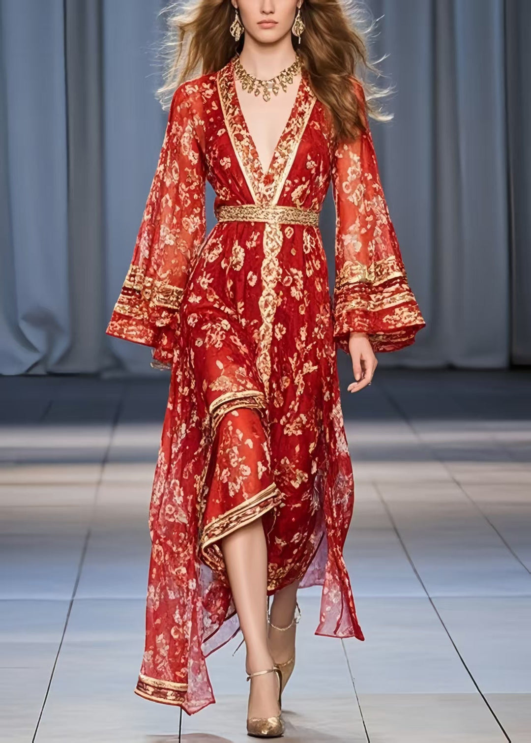 Beautiful Red Print Chiffon Tunic Dress Flare Sleeve
