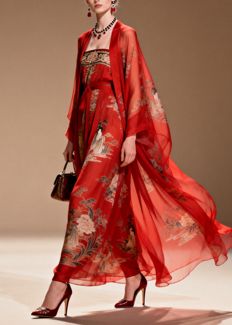 Beautiful Red Print Draping Chiffon Oriental Dress Two Piece Suit Set Summer - Omychic