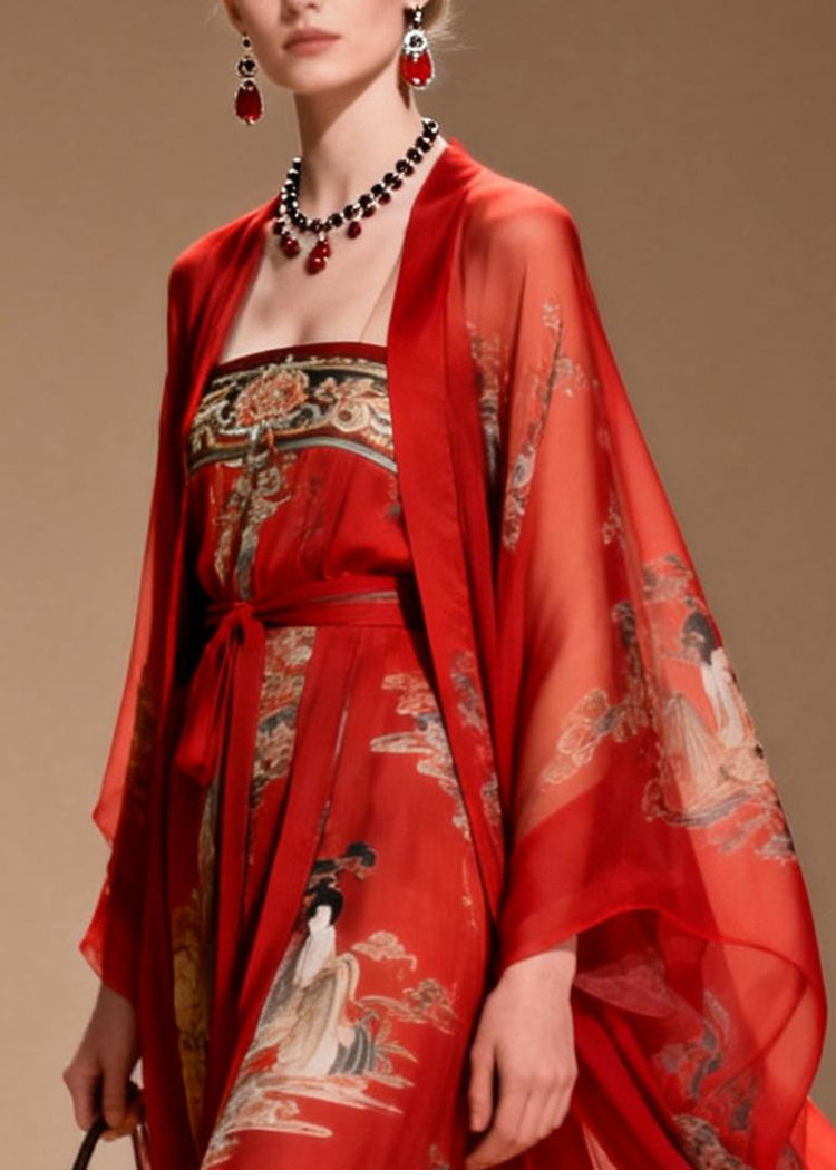 Beautiful Red Print Draping Chiffon Oriental Dress Two Piece Suit Set Summer - Omychic