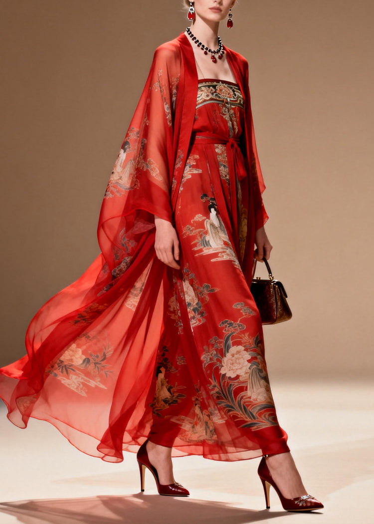 Beautiful Red Print Draping Chiffon Oriental Dress Two Piece Suit Set Summer - Omychic