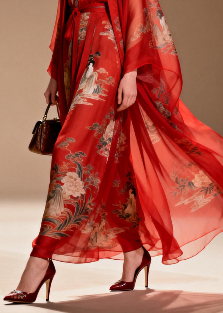 Beautiful Red Print Draping Chiffon Oriental Dress Two Piece Suit Set Summer - Omychic
