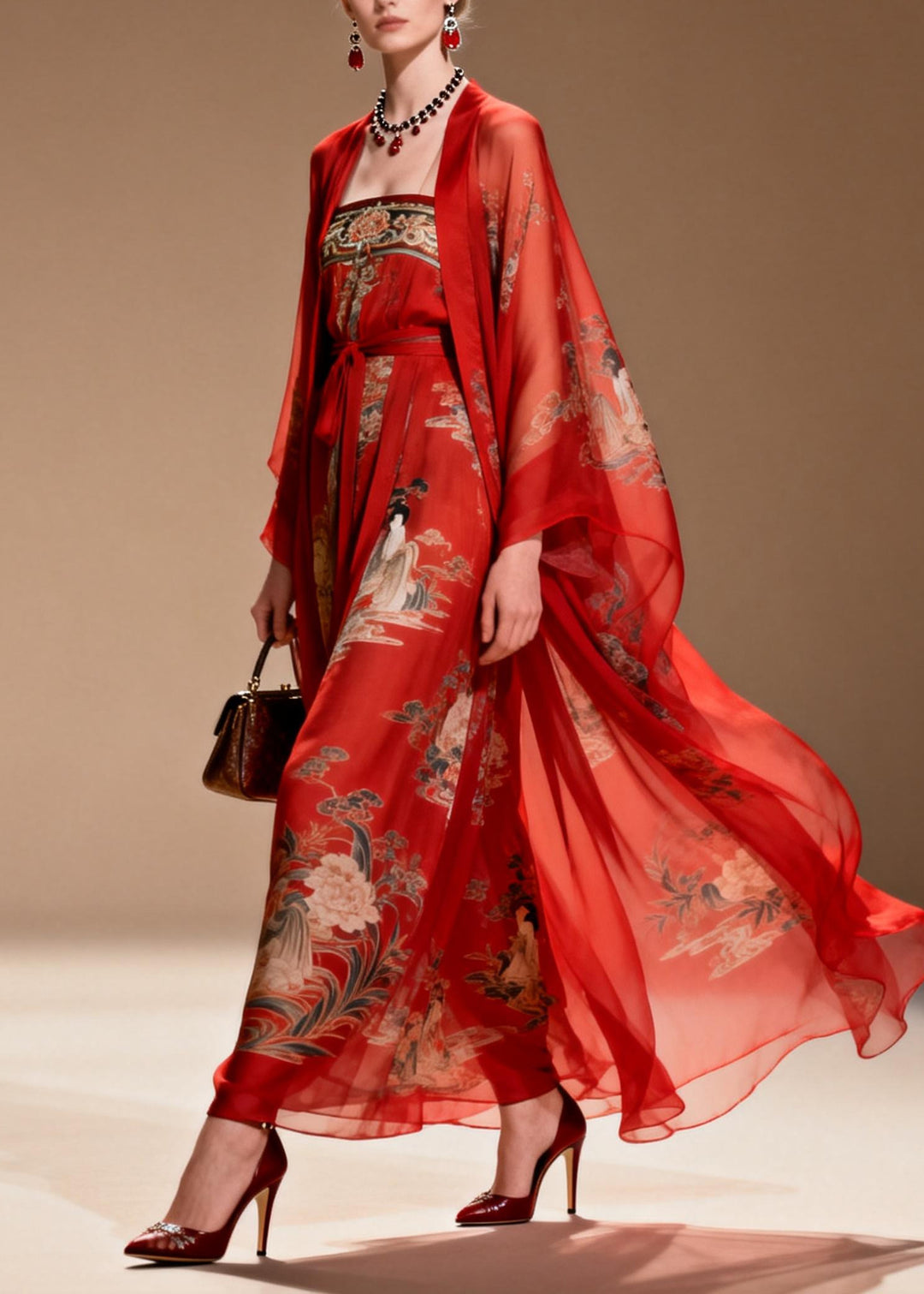 Beautiful Red Print Draping Chiffon Oriental Dress Two Piece Suit Set Summer - Omychic