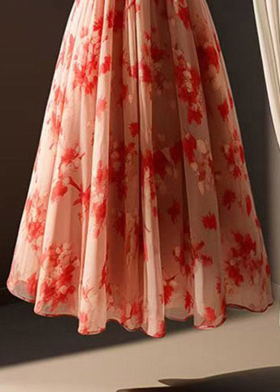 Beautiful Red Print Elastic Waist Chiffon A Line Skirts Summer