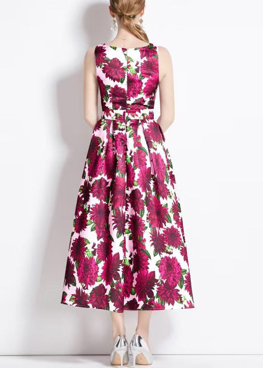 Beautiful Red Print High Waist Cotton Long Dresses Sleeveless