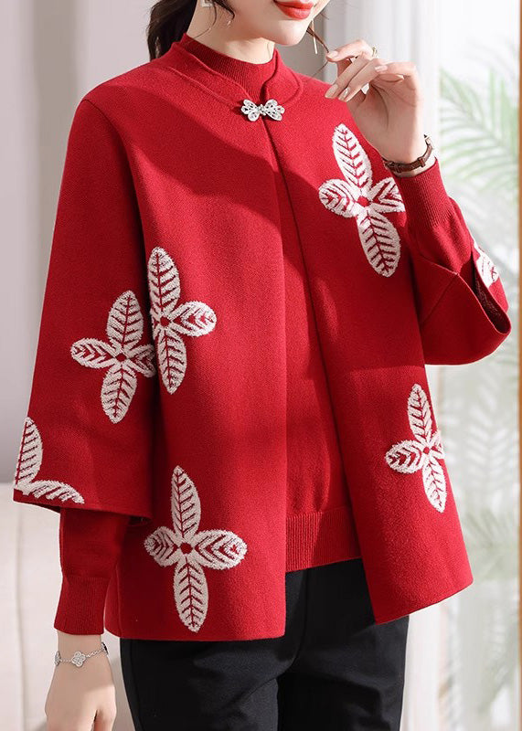 Beautiful Red Print Knit Cardigans And Sweaters Two Pieces Set Fall