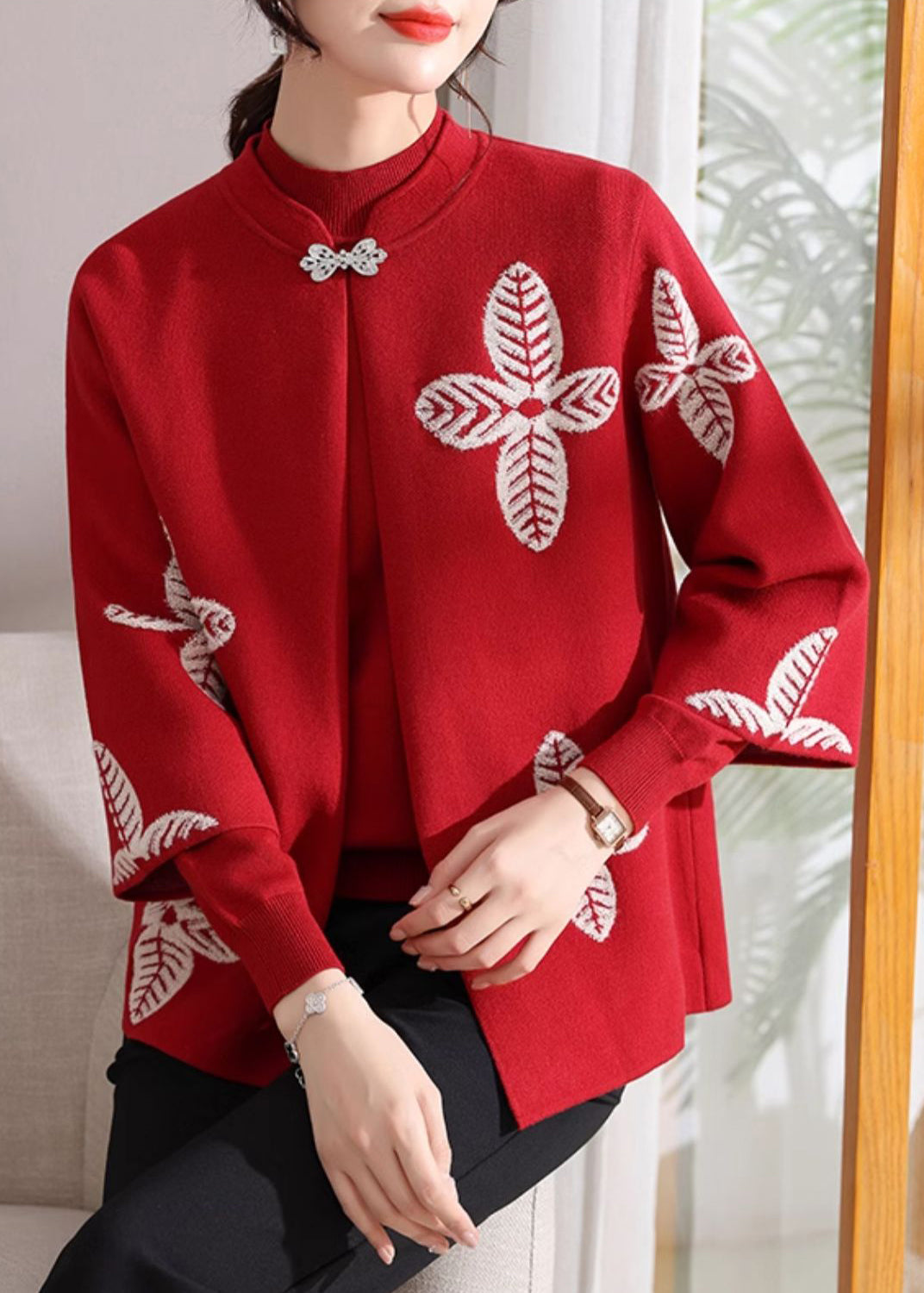 Beautiful Red Print Knit Cardigans And Sweaters Two Pieces Set Fall