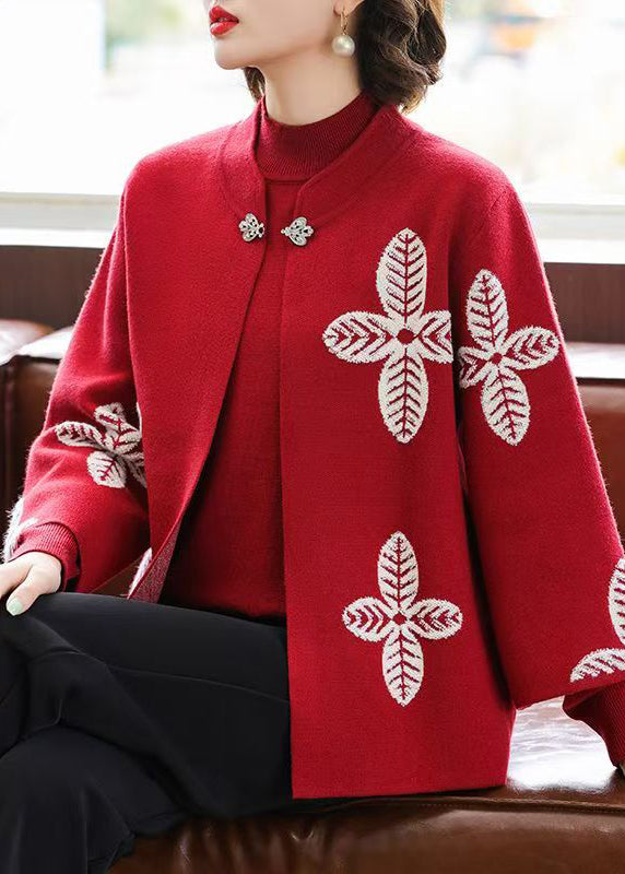 Beautiful Red Print Knit Cardigans And Sweaters Two Pieces Set Fall