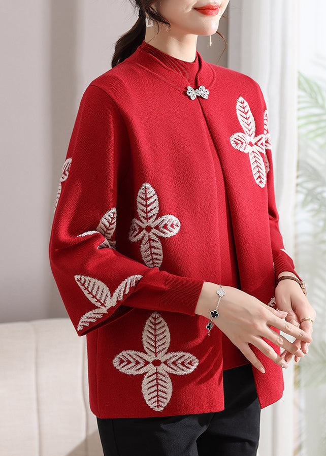 Beautiful Red Print Knit Cardigans And Sweaters Two Pieces Set Fall