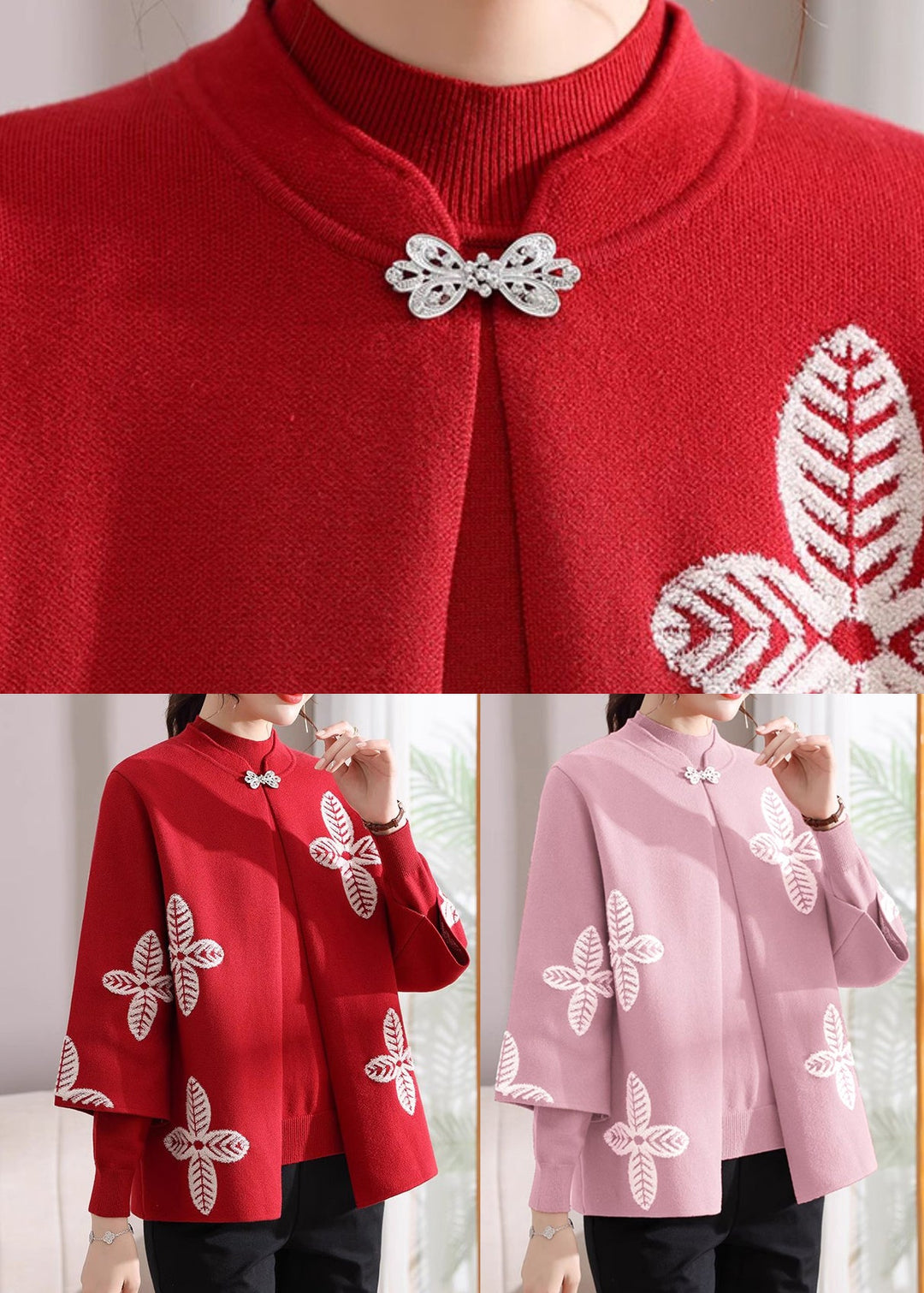 Beautiful Red Print Knit Cardigans And Sweaters Two Pieces Set Fall