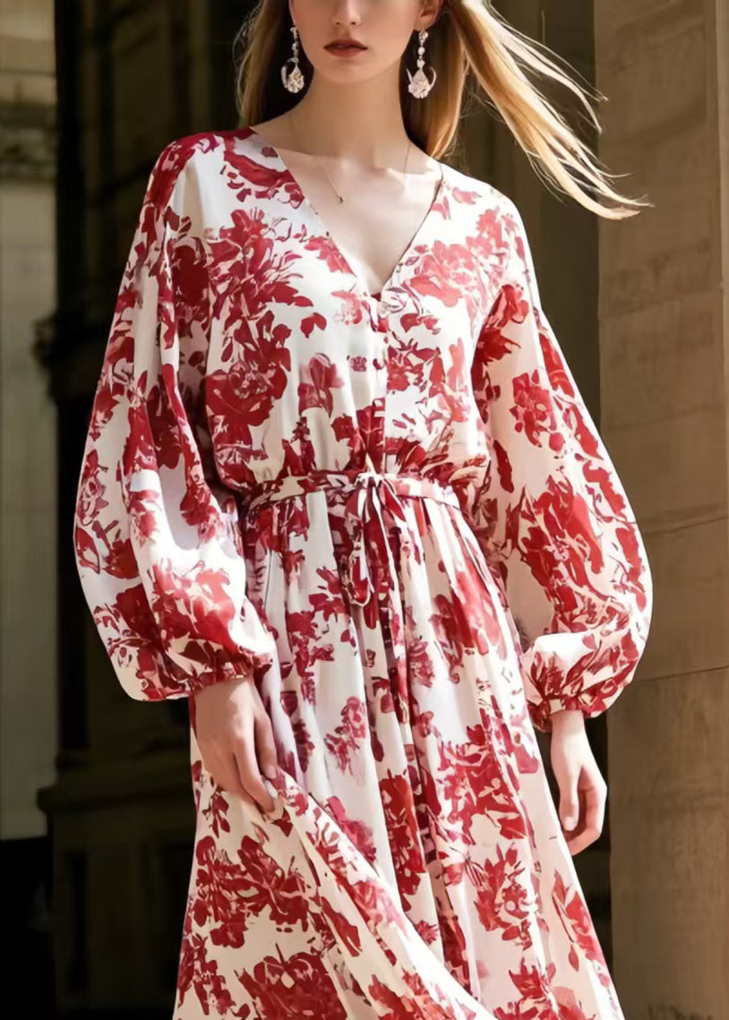 Beautiful Red Print Tie Waist Chiffon Robe Dresses Spring