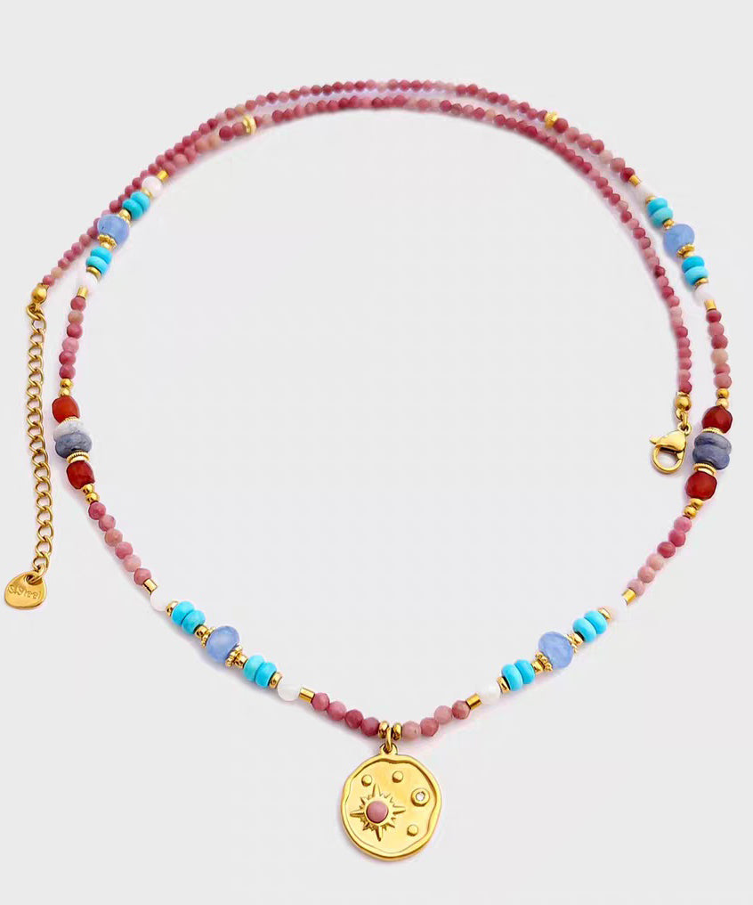 Beautiful Red Stainless Steel Turquoise Rhodochrosite Pendant Necklace