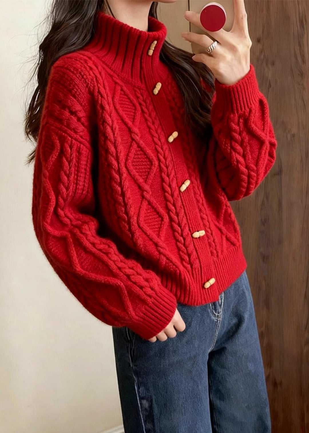 Beautiful Red Stand Collar Cable Knit Cardigan Winter