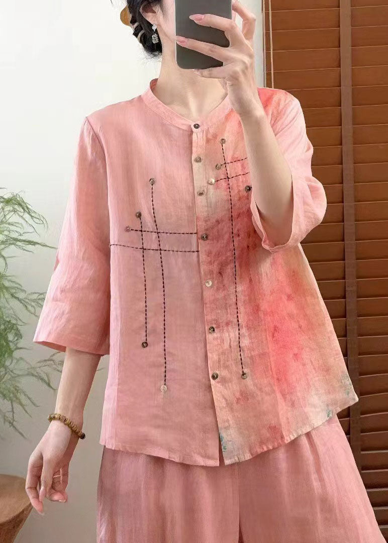 Beautiful Red Stand Collar Tie Dye Patchwork Linen Shirt Bracelet Sleeve